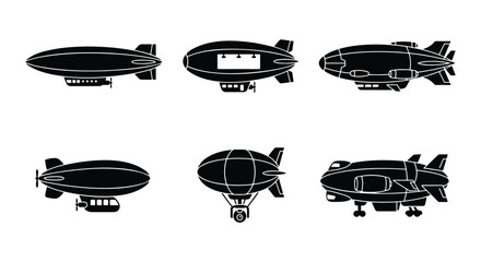 Steampunk airship vector icons set, vintage zeppelin and dirigible silhouettes, collection of 6 black flying blimp transport elements for retro design © Md