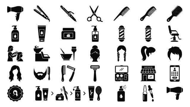 Hair salon and barber icon set with haircut, styling tools, grooming, beauty care, and hairdresser elements in silhouette style.