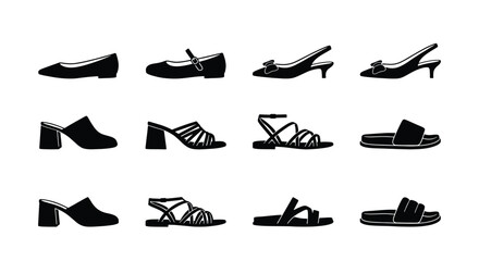 Obraz premium Minimalist women's shoe icons set, black silhouette footwear collection of 12 vector elements, elegant summer sandals and high heel pumps for fashion retail