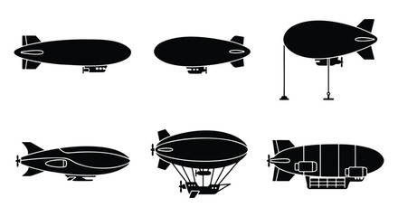 Vintage blimp icons set, black dirigible airship silhouettes, 6 vector zeppelin illustrations for retro aviation and transport design © Md