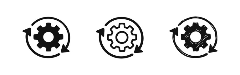 Processing Gear Icon Set with Cyclic Sync Arrows © drawing lines