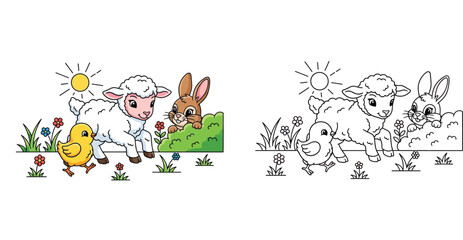 Naklejka premium Cute Spring Animals Coloring Page and Illustration Set featuring Lamb, Chick, and Rabbit in a Meadow with Sun and Flowers for Kids Activity