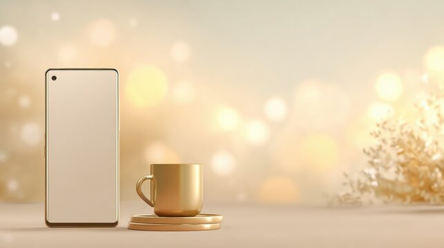 Loyalty Rewards Program Display for Coffee Lovers With a Smartphone and a Cup on a Blurred Background