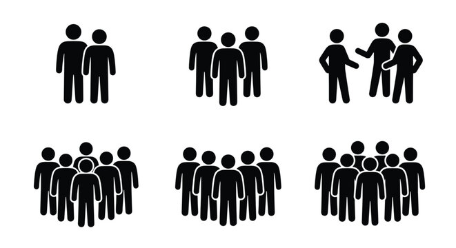 Minimalist people icons set, black stick figure group silhouettes, 6 vector elements of crowds and teams for business infographics and social networking