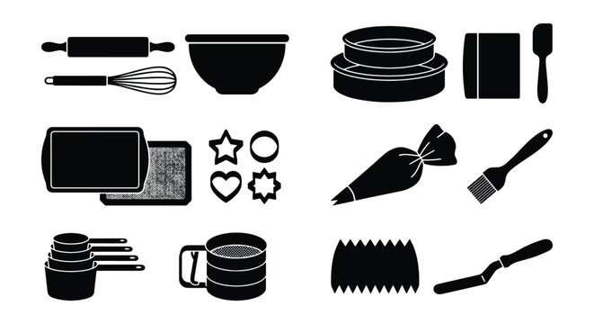 Baking tools silhouette collection, professional kitchen utensils and pastry equipment set, black minimalist bakery icons for culinary design