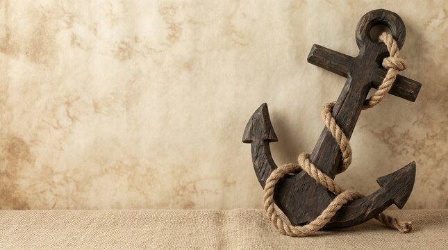 A weathered wooden anchor wrapped with thick rope, set against a textured, map‑like beige wall; barnacles and worn surfaces evoke a rustic, sea‑worn nautical atmosphere.