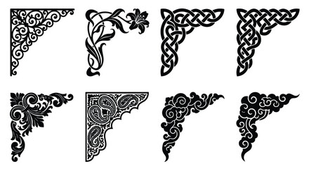 Vintage ornamental corner borders, set of 8 decorative floral and celtic frame elements, black filigree scrollwork vector graphics for wedding invitations © Md