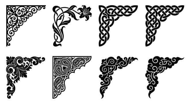 Vintage ornamental corner borders, set of 8 decorative floral and celtic frame elements, black filigree scrollwork vector graphics for wedding invitations
