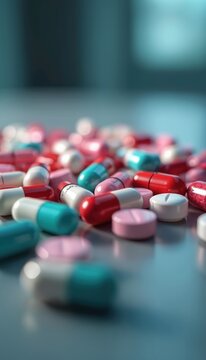 Pile of colorful pills and capsules on sterile surface. Medical drugs for disease treatment and health care. Pharmacy assortment for therapy.