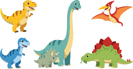 Cute Cartoon Dinosaur Set with T Rex Brachiosaurus Triceratops Stegosaurus and Pterodactyl Colorful Prehistoric Animals for Kids Education and Creative Design Projects © MdMostafijur