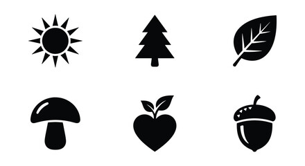 Minimalist nature icon set, 6 black forest and autumn vector elements, simple sun tree leaf mushroom heart and acorn symbols for web design © Md