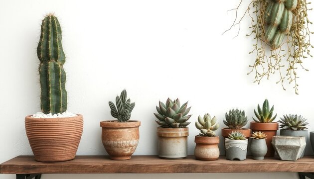 A curated collection of diverse potted succulents and cacti displayed on a wooden shelf for home decor and botanical inspiration