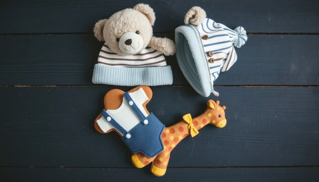 Adorable baby clothes and plush toys arranged for newborn announcement or nursery decor projects