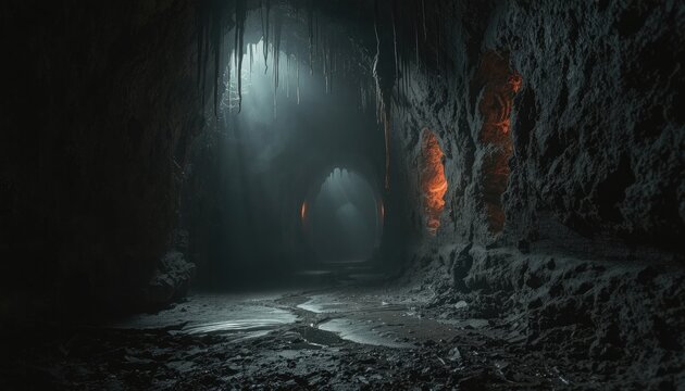 Mysterious subterranean passage with glowing fissures and dripping stalactites, perfect for adventure or exploration themes