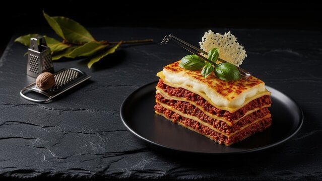 Fine Dining Beef Lasagna Pav&eacute; with Distinct Layers and Parmesan Frico on Dark Slate Negative Space