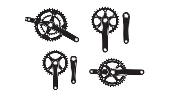 Gear and crank icon set with sprockets, chainring, and mechanical links in bold black vector style featuring sprocket, drivetrain, machinery with