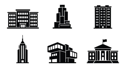Obraz premium Modern building icons set, black silhouette city architecture collection, 6 vector skyscraper and government office symbols for urban planning maps