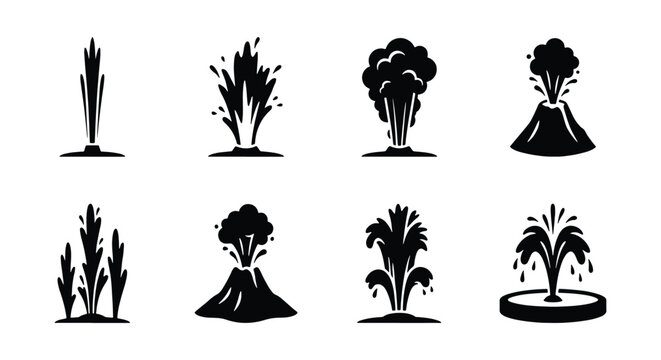 Black geyser and volcano icon set, 8 vector elements of erupting hot springs and volcanic mountains, minimalist water fountain and steam burst symbols