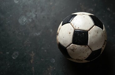 Naklejka premium Worn traditional soccer ball with black, white panels rests on dark textured surface. Dirt smudges, scuffs show signs of frequent use, intense matches. Vintage sports gear evokes sense of history,