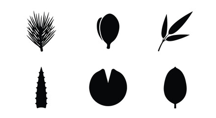 Minimalist leaf silhouette icons set, black botanical foliage vector elements, 6 organic plant shapes for eco-friendly branding and logo design © Juman