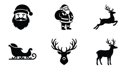 Fototapeta premium Christmas silhouette vector set, black Santa Claus icons and reindeer graphics, 6 holiday elements including sleigh and deer head, winter festive clip art