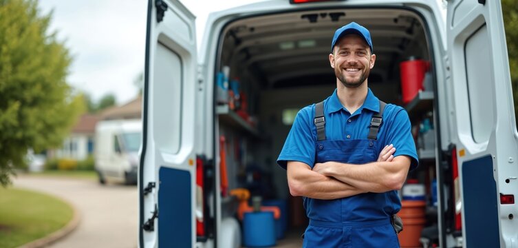 Smiling man in blue uniform stands with crossed arms next to his fully stocked service van. He is a skilled tradesperson ready for any repair job at a customer site.