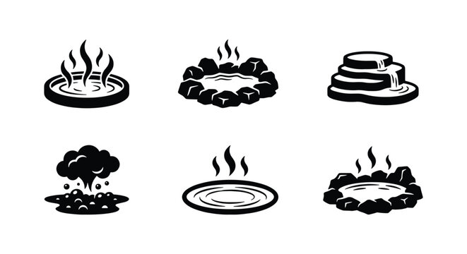 Minimalist hot spring icons set, black and white onsen vector symbols, thermal bath and volcanic geyser illustrations for spa and travel design