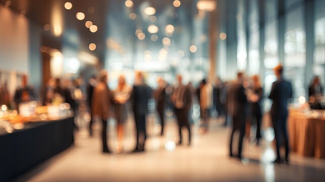 A blurred crowd of people in formal attire mingling at a large indoor event with tables and lights