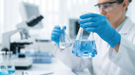 Fototapeta premium Scientist analyzing blue liquid in laboratory flask, medical research, chemistry experiment and biotechnology concept. 