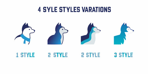 Four variations of a husky dog head logo design in different styles © Usa