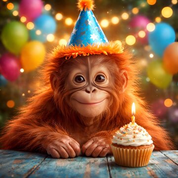 Singe Orang-outan avec un chapeau de f&ecirc;te pour un anniversaire

