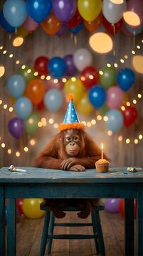 Singe Orang-outan avec un chapeau de f&ecirc;te pour un anniversaire

