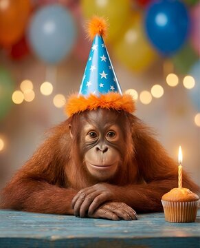 Singe Orang-outan avec un chapeau de f&ecirc;te pour un anniversaire

