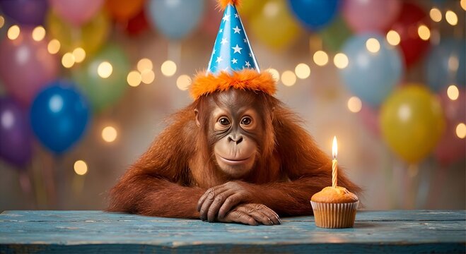 Singe Orang-outan avec un chapeau de f&ecirc;te pour un anniversaire

