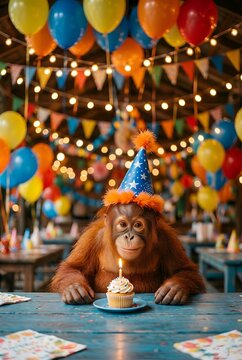 Singe Orang-outan avec un chapeau de f&ecirc;te pour un anniversaire

