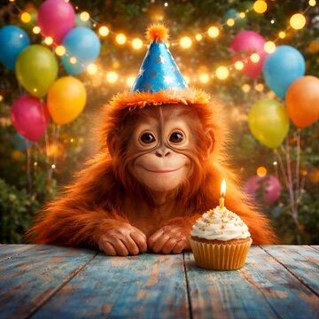 Singe Orang-outan avec un chapeau de f&ecirc;te pour un anniversaire

