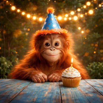 Singe Orang-outan avec un chapeau de f&ecirc;te pour un anniversaire

