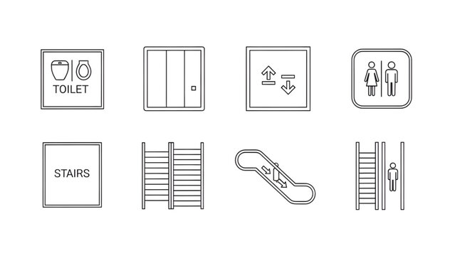 Top View Public Facility Symbols Vector Pack Toilets Elevators Stairs Escalators Signage Icons Clean Line Style Architectural Floor Plans