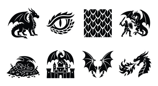 Medieval dragon silhouette icon set, fantasy mythical creature vector collection, 8 black dragon symbols including knight battle and fire breathing