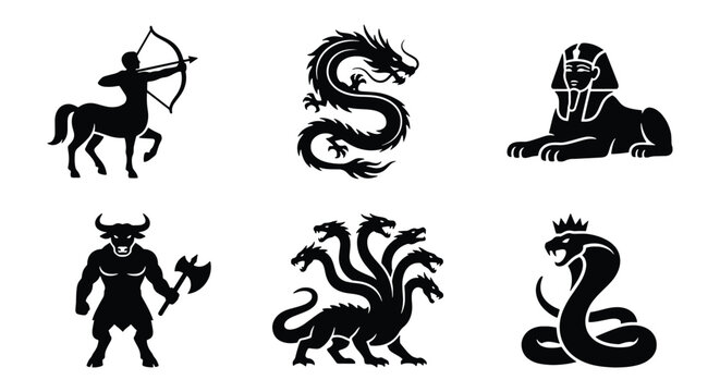 Mythological creatures icon set, black silhouette fantasy monsters, ancient beast vector illustrations including dragon, centaur, and sphinx
