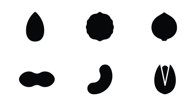 Minimalist nut silhouette icons set, black almond and walnut shapes, organic peanut and cashew vector elements, 6 healthy snack food symbols