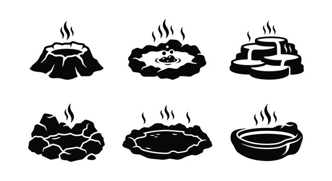 Geothermal hot springs and volcanic geyser icons, set of 6 black vector illustrations, steaming thermal pools and mineral water basins