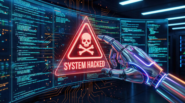 Cyberattack warning with robotic hand and system hacked alert on code screens, AI cybersecurity threat concept. 