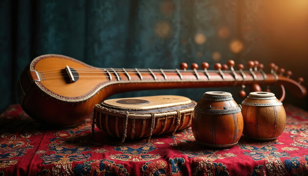 Sitar and tabla drums rest on ornate fabric. Traditional Indian string and percussion instruments are illuminated by warm light. Cultural music ensemble, ethnic heritage detail.