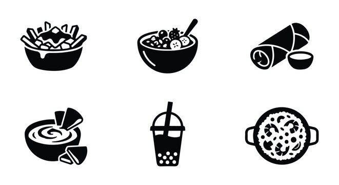 Minimalist food icons set, black solid vector symbols of poutine, acai bowl, burrito, hummus, boba tea and paella, 6 culinary elements for restaurant menus