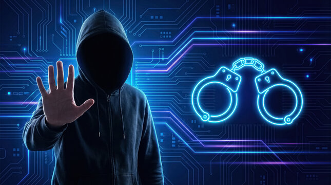 Anonymous hacker with raised hand and glowing handcuffs on digital background, cybercrime arrest and cybersecurity concept. 