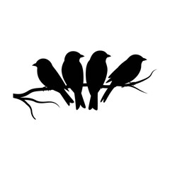 Fototapeta premium Four birds silhouette sitting on tree branch vector, wildlife nature illustration flock perched isolated on white