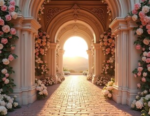 Fototapeta premium Elegant archway lined with roses leads to sunlit landscape. Stone pathway and ornate pillars create romantic scene. Perfect for weddings or fantasy settings.