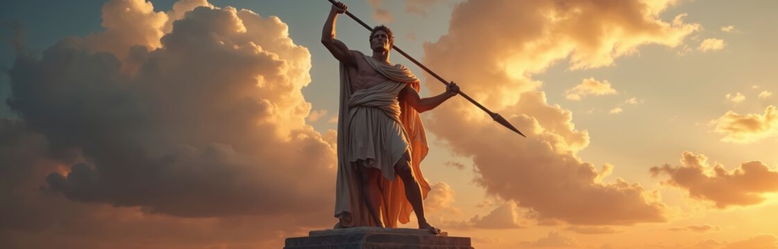 Greek hero with spear stands on pedestal against dramatic sunset sky. Muscular figure wears chiton with draped cloth. Warrior pose and dramatic clouds suggest power and courage.