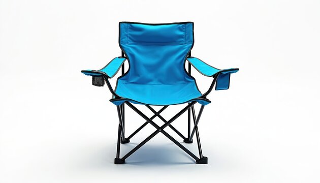 Blue folding camping chair on white background. Lightweight portable for outdoor rest and relaxation. Ideal for beach trips, picnics, and backyard lounging. Convenient accessory for travel.